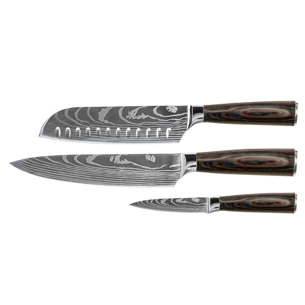 Damascus Print 3-Piece Knife Set - Chef's Knife + Santoku + Paring Knife