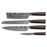 Damascus Print 4-Piece Knife Set - Chef's Knife + Bread Knife + Nakiri + Paring Knife