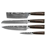 Damascus Print 4-Piece Knife Set - Chef's Knife + Bread Knife + Nakiri + Paring Knife
