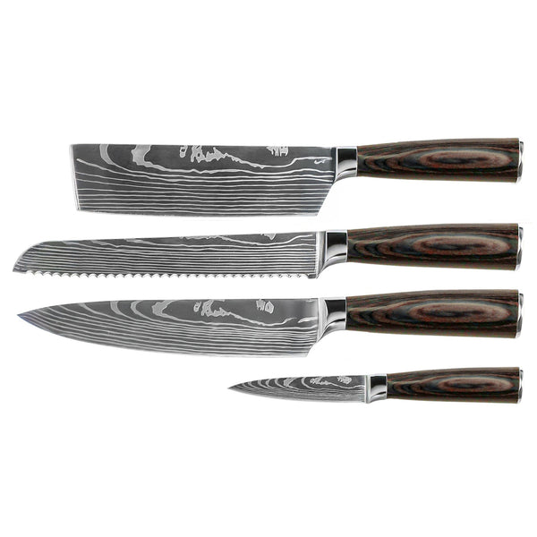 Damascus Print 4-Piece Knife Set - Chef's Knife + Bread Knife + Nakiri + Paring Knife