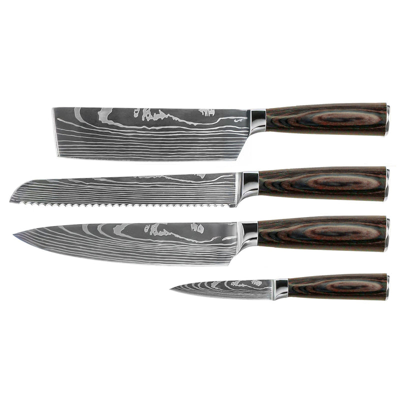 Damascus Print 4-Piece Knife Set - Chef's Knife + Bread Knife + Nakiri + Paring Knife