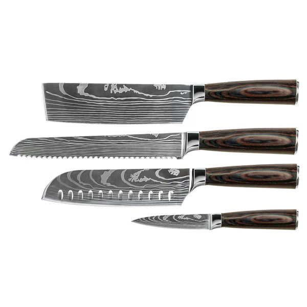 Damascus Print 4-Piece Knife Set - Santoku + Bread Knife + Nakiri + Paring Knife