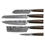 Damascus Print 5-Piece Knife Set - Chef's Knife + Bread Knife + Nakiri + Small Santoku + Paring Knife