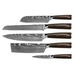 Damascus Print 5-Piece Knife Set - Chef's Knife + Bread Knife + Nakiri + Small Santoku + Paring Knife