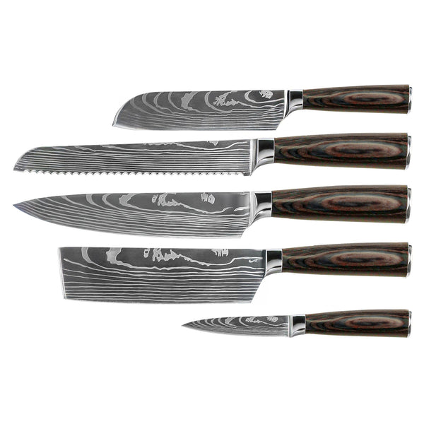 Damascus Print 5-Piece Knife Set - Chef's Knife + Bread Knife + Nakiri + Small Santoku + Paring Knife