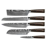 Damascus Print 5-Piece Knife Set - Chef's Knife + Bread Knife + Nakiri + Santoku + Paring Knife