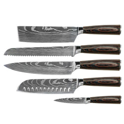 Damascus Print 5-Piece Knife Set - Chef's Knife + Bread Knife + Nakiri + Santoku + Paring Knife