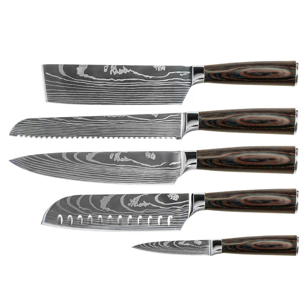 Damascus Print 5-Piece Knife Set - Chef's Knife + Bread Knife + Nakiri + Santoku + Paring Knife