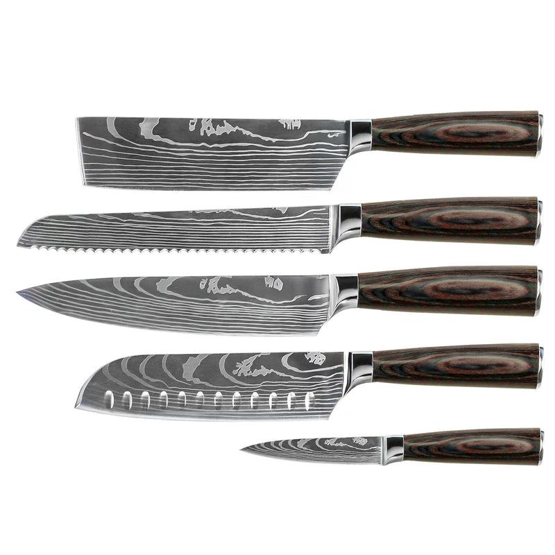 Damascus Print 5-Piece Knife Set - Chef's Knife + Bread Knife + Nakiri + Santoku + Paring Knife