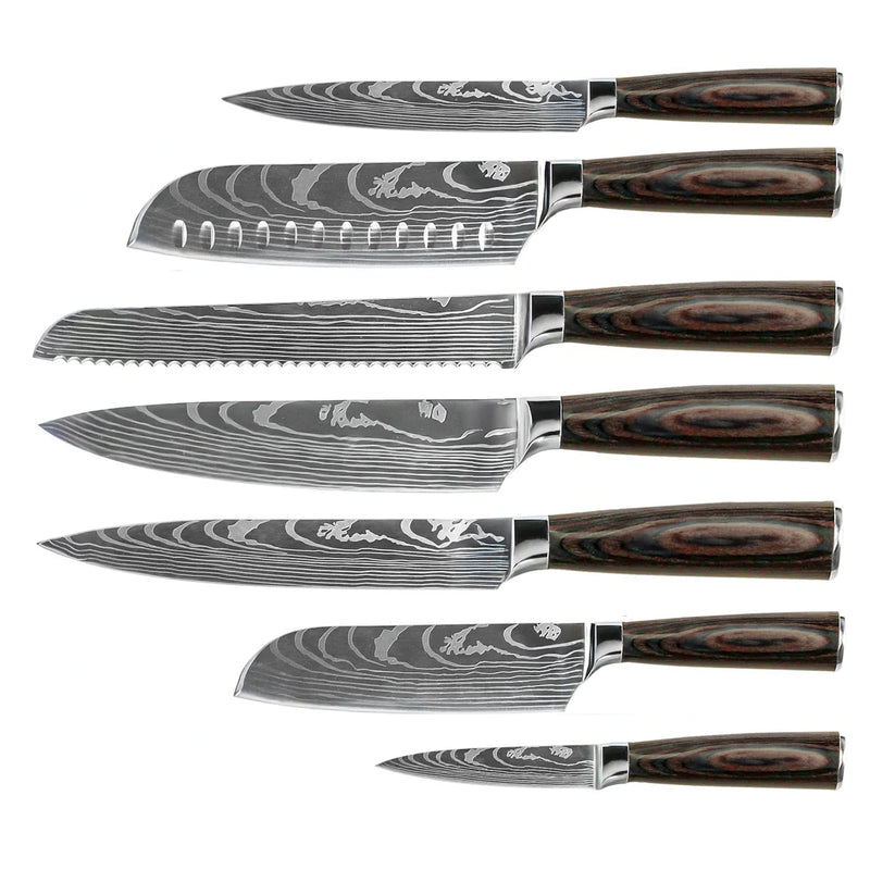 KNIFE SET DAMASCUS PRINT 7-PIECE + ACACIA HOLDER