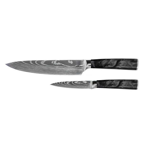Damascus Print Epoxy Onyx 2-Piece Knife Set - Chef's Knife + Paring Knife