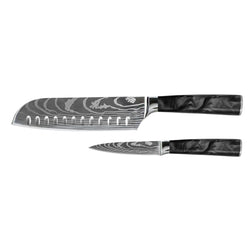 Damascus Print Epoxy Onyx 2-piece Knife Set - Santoku + Paring Knife