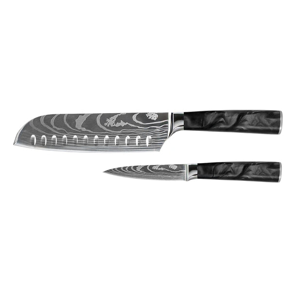 Damascus Print Epoxy Onyx 2-piece Knife Set - Santoku + Paring Knife