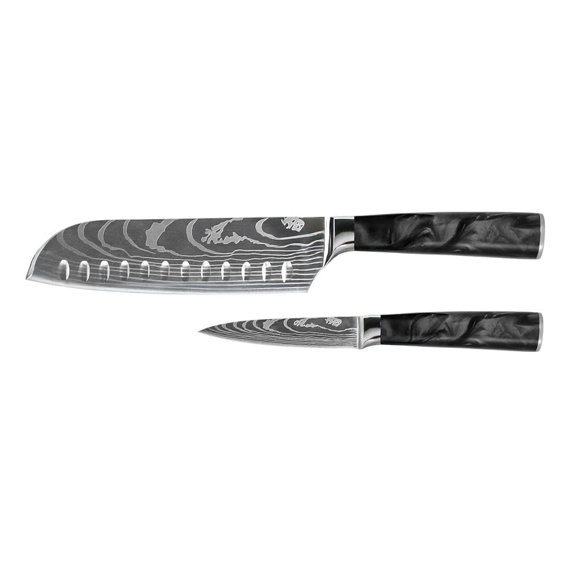 Damascus Print Epoxy Onyx 2-piece Knife Set - Santoku + Paring Knife