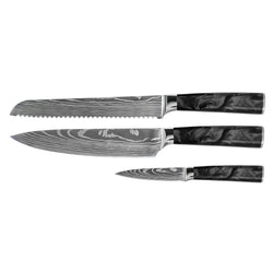 Damascus Print Epoxy Onyx 3-Piece Knife Set - Chef's Knife + Bread Knife + Paring Knife