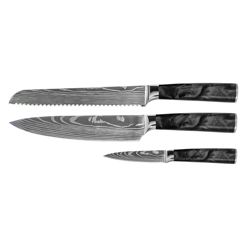 Damascus Print Epoxy Onyx 3-Piece Knife Set - Chef's Knife + Bread Knife + Paring Knife