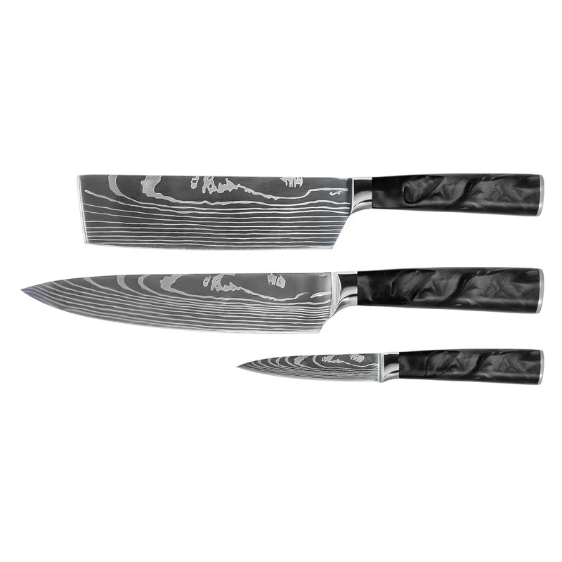 Damascus Print Epoxy Onyx 3-Piece Knife Set - Chef's Knife + Nakiri + Paring Knife