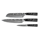 Damascus Print Epoxy Onyx 3-Piece Knife Set - Chef's Knife + Santoku + Paring Knife