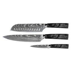 Damascus Print Epoxy Onyx 3-Piece Knife Set - Chef's Knife + Santoku + Paring Knife