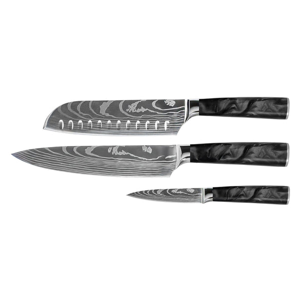 Damascus Print Epoxy Onyx 3-Piece Knife Set - Chef's Knife + Santoku + Paring Knife