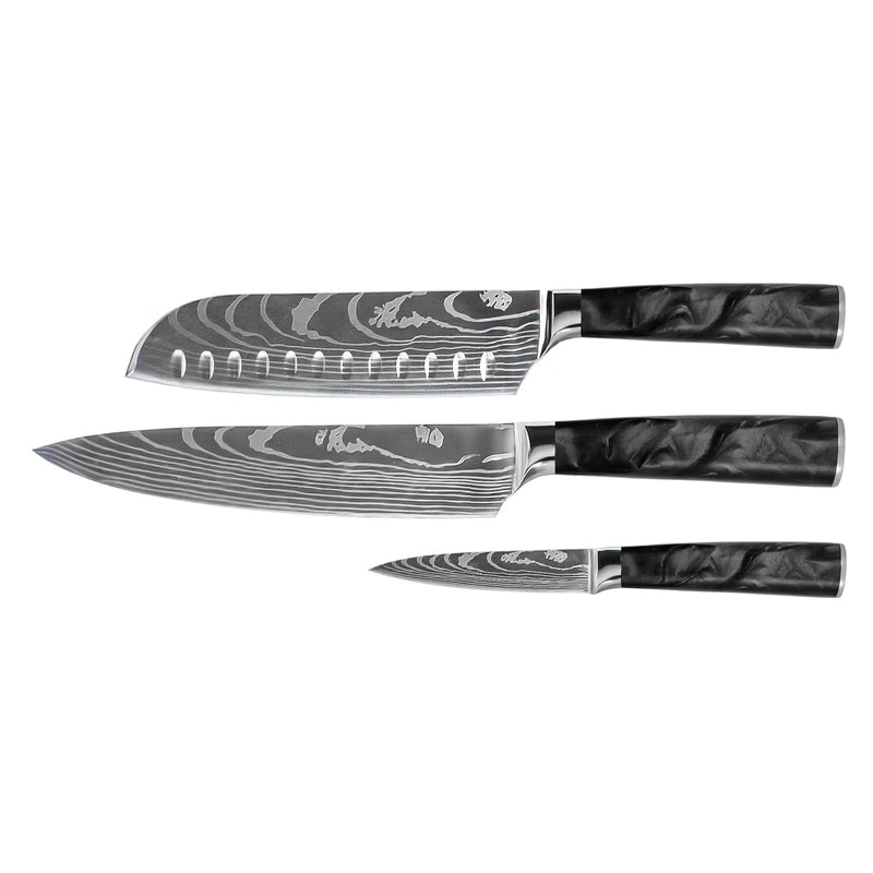Damascus Print Epoxy Onyx 3-Piece Knife Set - Chef's Knife + Santoku + Paring Knife