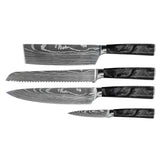 Damascus Print Epoxy Onyx 4-Piece Knife Set - Chef's Knife + Bread Knife + Nakiri + Paring Knife