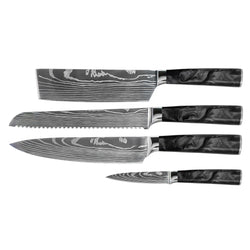 Damascus Print Epoxy Onyx 4-Piece Knife Set - Chef's Knife + Bread Knife + Nakiri + Paring Knife