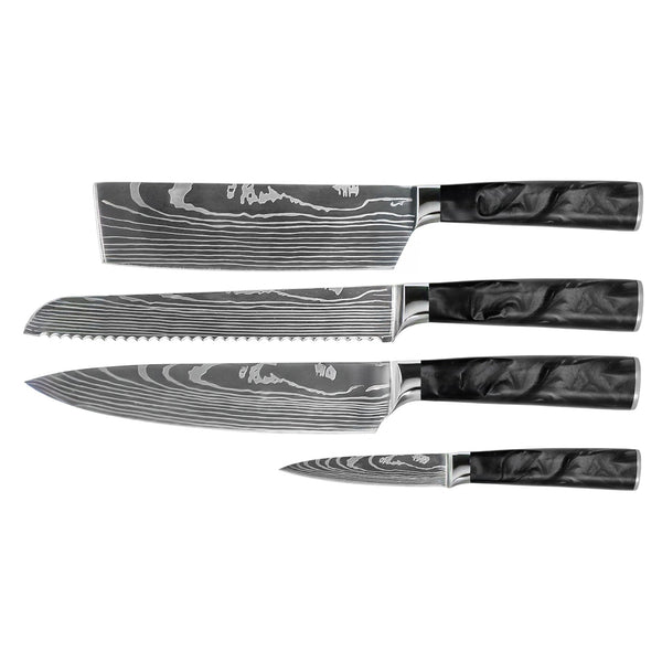 Damascus Print Epoxy Onyx 4-Piece Knife Set - Chef's Knife + Bread Knife + Nakiri + Paring Knife