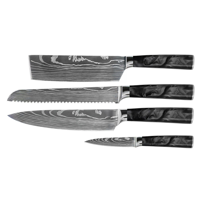 Damascus Print Epoxy Onyx 4-Piece Knife Set - Chef's Knife + Bread Knife + Nakiri + Paring Knife