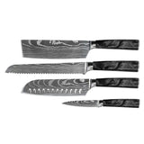 Damascus Print Epoxy Onyx 4-piece Knife Set - Santoku + Bread Knife + Nakiri + Paring Knife