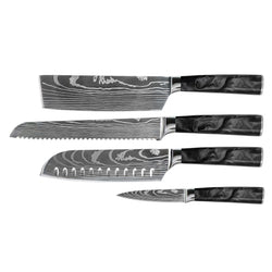 Damascus Print Epoxy Onyx 4-piece Knife Set - Santoku + Bread Knife + Nakiri + Paring Knife
