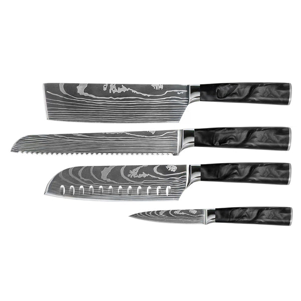 Damascus Print Epoxy Onyx 4-piece Knife Set - Santoku + Bread Knife + Nakiri + Paring Knife