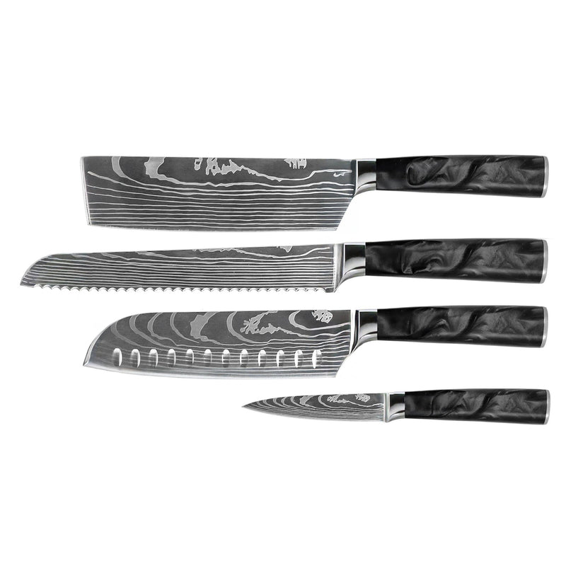 Damascus Print Epoxy Onyx 4-piece Knife Set - Santoku + Bread Knife + Nakiri + Paring Knife