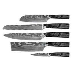 Damascus Print Epoxy Onyx 5-piece Knife Set - Chef's Knife + Bread Knife + Nakiri + Small Santoku + Paring Knife