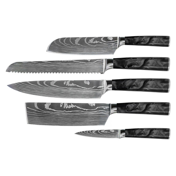 Damascus Print Epoxy Onyx 5-piece Knife Set - Chef's Knife + Bread Knife + Nakiri + Small Santoku + Paring Knife