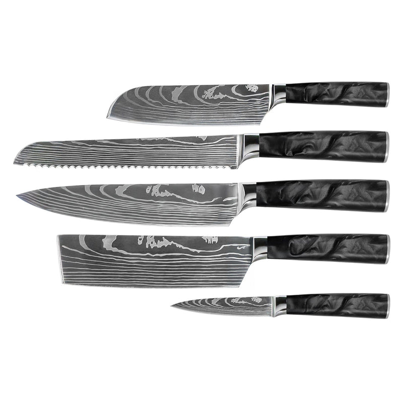 Damascus Print Epoxy Onyx 5-piece Knife Set - Chef's Knife + Bread Knife + Nakiri + Small Santoku + Paring Knife