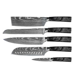 Damascus Print Epoxy Onyx 5-piece Knife Set - Chef's Knife + Bread Knife + Nakiri + Santoku + Paring Knife