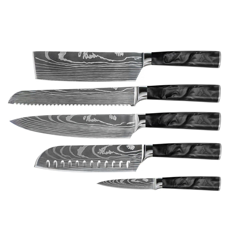 Damascus Print Epoxy Onyx 5-piece Knife Set - Chef's Knife + Bread Knife + Nakiri + Santoku + Paring Knife