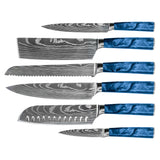 EPOXY SAPPHIRE 6 PIECE DAMASCUS PRINT KNIFE SET + ACACIA HOLDER DOUBLE SIDED