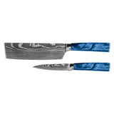 Damascus Print Epoxy Sapphire 2-piece Knife Set - Nakiri + Paring Knife
