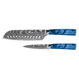 Damascus Print Epoxy Sapphire 2-piece Knife Set - Santoku + Paring Knife