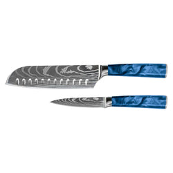 Damascus Print Epoxy Sapphire 2-piece Knife Set - Santoku + Paring Knife