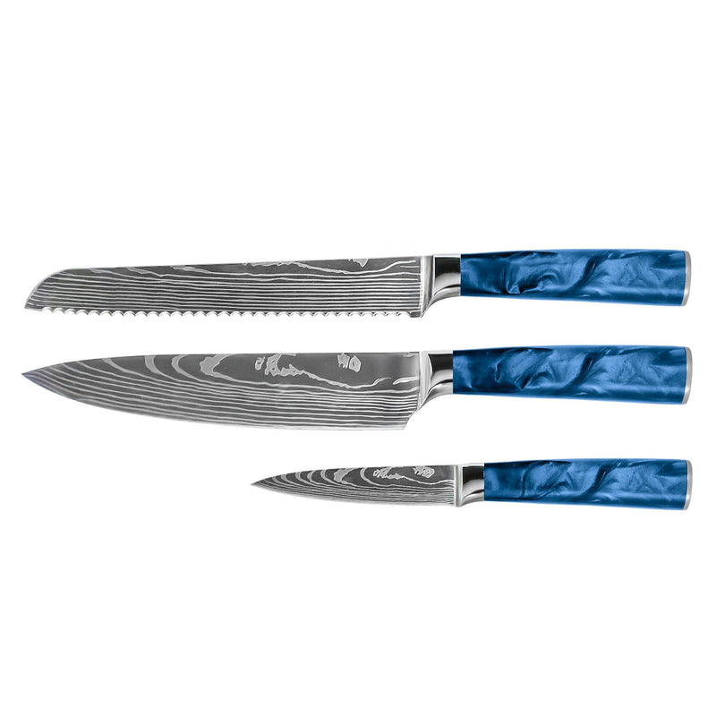 Damascus Print Epoxy Sapphire 3-Piece Knife Set - Chef's Knife + Bread Knife + Paring Knife
