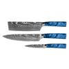 Damascus Print Epoxy Sapphire 3-Piece Knife Set - Chef's Knife + Nakiri + Paring Knife