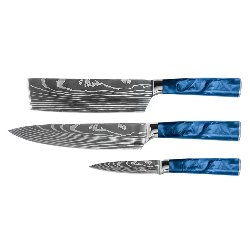 Damascus Print Epoxy Sapphire 3-Piece Knife Set - Chef's Knife + Nakiri + Paring Knife