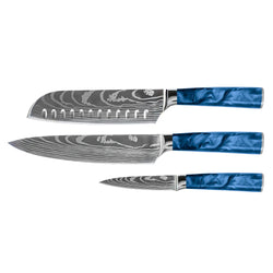 Damascus Print Epoxy Sapphire 3-Piece Knife Set - Chef's Knife + Santoku + Paring Knife