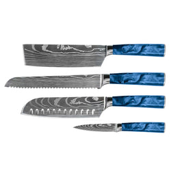 Damascus Print Epoxy Sapphire 4-piece Knife Set - Santoku + Bread Knife + Nakiri + Paring Knife