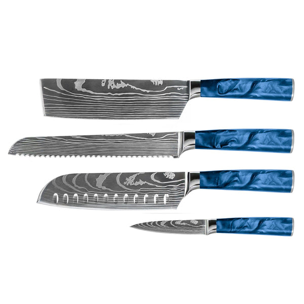 Damascus Print Epoxy Sapphire 4-piece Knife Set - Santoku + Bread Knife + Nakiri + Paring Knife