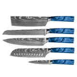 Damascus Print Epoxy Sapphire 5-Piece Knife Set - Chef's Knife + Bread Knife + Nakiri + Santoku + Paring Knife