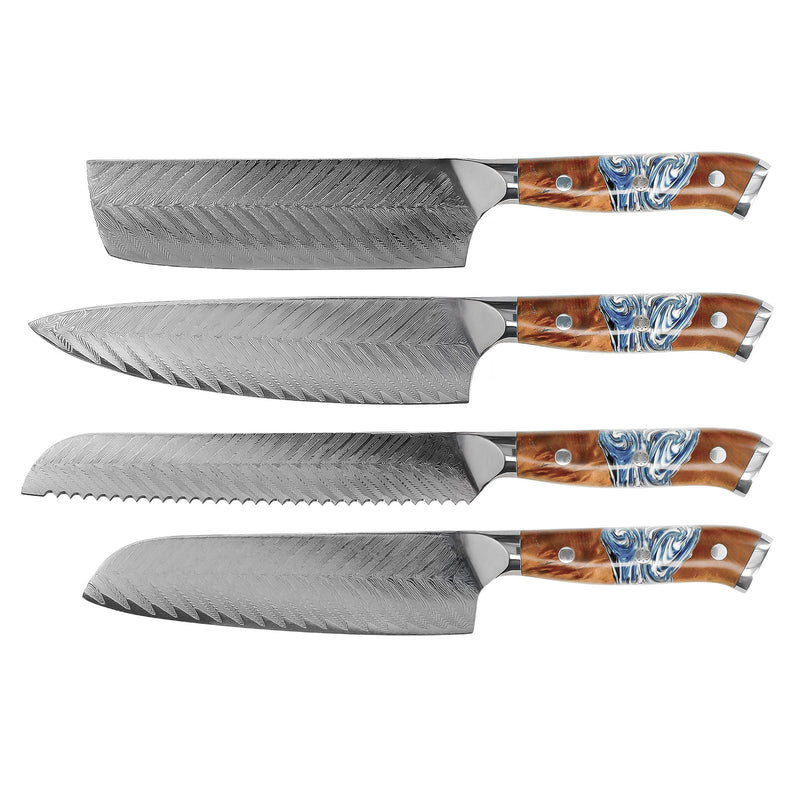 Eclipse 4-Piece Damascus Knife Set - Chef's Knife + Nakiri + Santoku + Bread Knife